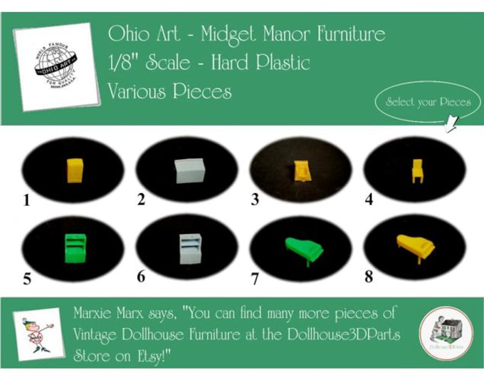 OHIO ART Midget Manor Vintage Furniture, Various Rooms, 1/8" Scale, Hard Plastic