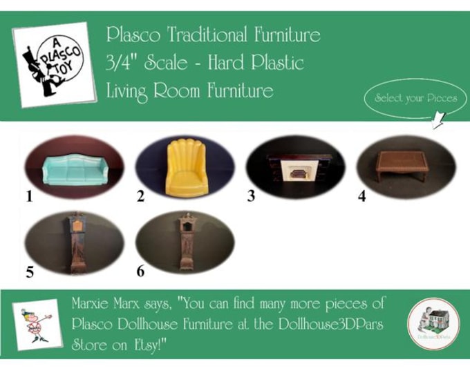 PLASCO Vintage Dollhouse Living Room Furniture, 1940s-1950s Style, 3/4” Scale, Hard Plastic
