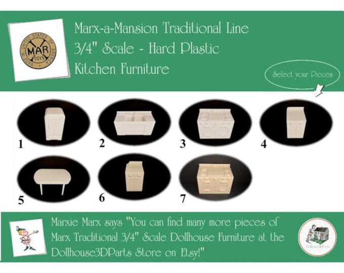 Choice MARX Vintage Dollhouse Kitchen Furniture, Marx-a-Mansion Traditional Line, 3/4" Scale, Hard Plastic