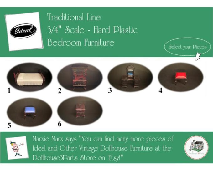 IDEAL Vintage Dollhouse Bedroom Furniture, 1940s-1950s Style, 3/4” Scale, Hard Plastic