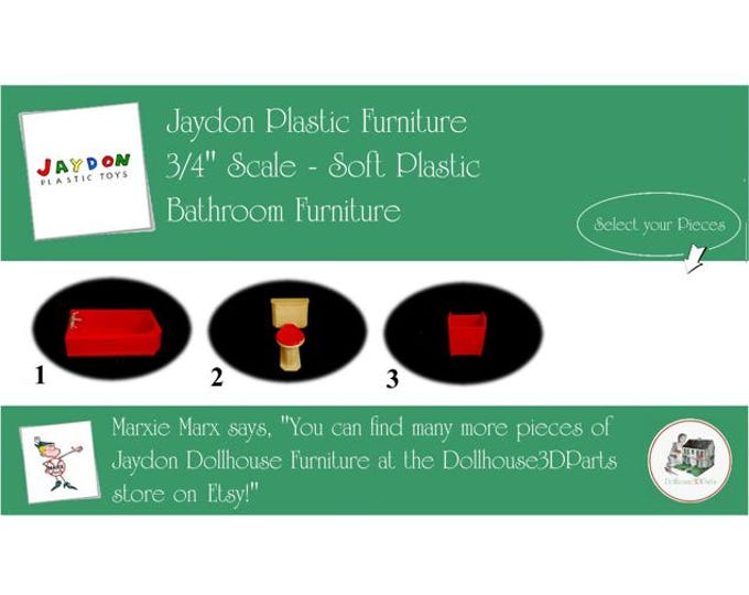 JAYDON Vintage Dollhouse Bathroom Furniture, 1940s-1950s Style, 3/4" Scale, Hard Plastic