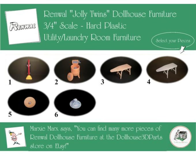 Renwal Vintage Dollhouse Furniture, 1940s-1950s Style Utility/Laundry Room, 3/4” Scale Hard Plastic