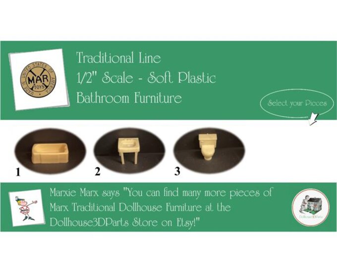 MARX Vintage Dollhouse Bathroom Furniture, Traditional Line, 1/2" Scale, Soft Plastic