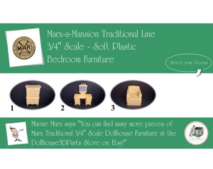 Marx Vintage Dollhouse Furniture, Marx-a-Mansion Traditional Line Bedroom, 3/4" Scale, SOFT Plastic