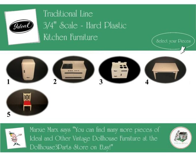 IDEAL Vintage Dollhouse Kitchen Furniture, 1940s-1950s Style, 3/4” Scale, Hard Plastic