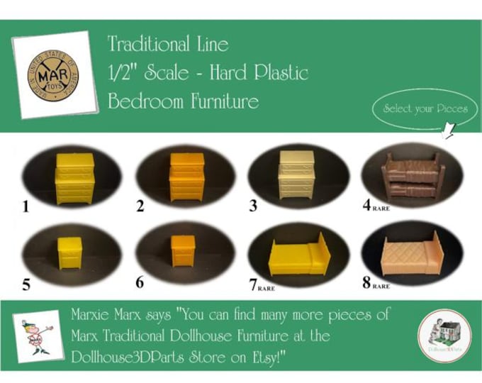 Choice MARX Vintage Dollhouse Bedroom Furniture, Traditional Line, 1/2" Scale, Hard Plastic