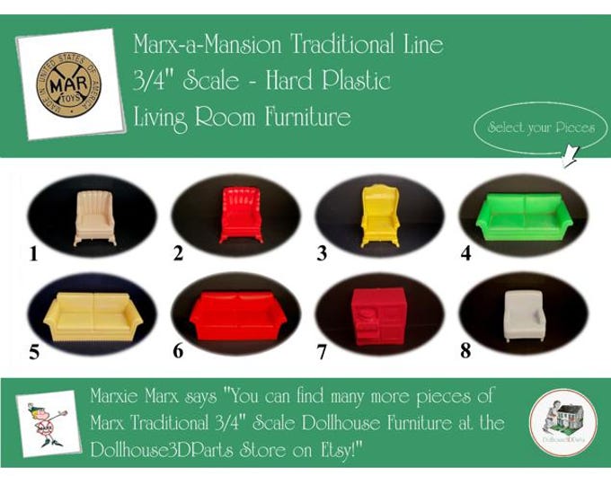 Marx Vintage Dollhouse Furniture, Marx-a-Mansion Traditional Line Living Room, 3/4" Scale, SOFT Plastic
