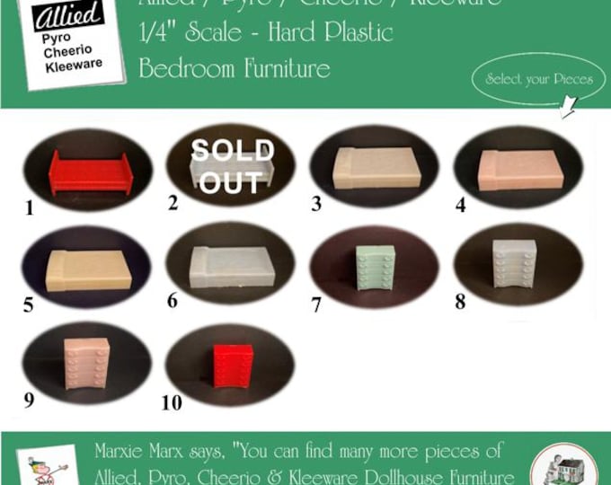 Choice ALLIED/PYRO/KLEEWARE & Cheerio Vintage Dollhouse Bedroom Furniture, 1/4" Scale, Hard Plastic