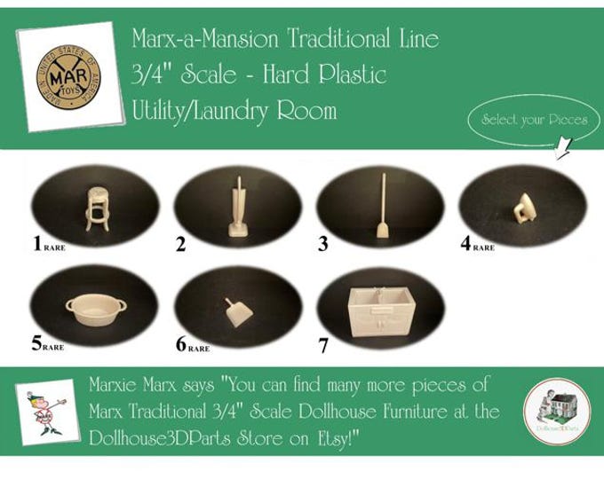 MARX Vintage Dollhouse Utility/Laundry Room Furniture, Marx-a-Mansion Traditional Line, 3/4" Scale, Hard Plastic