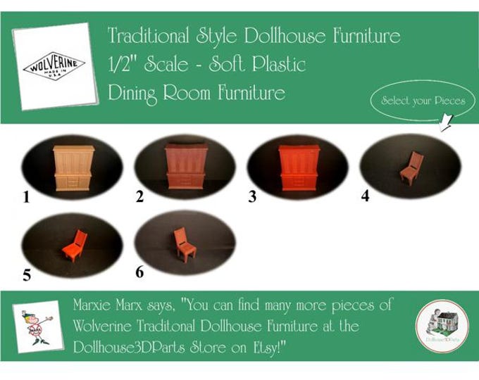 WOLVERINE Vintage Dollhouse Dining Room Furniture, 1960s Style, 1/2" Scale, Soft Plastic