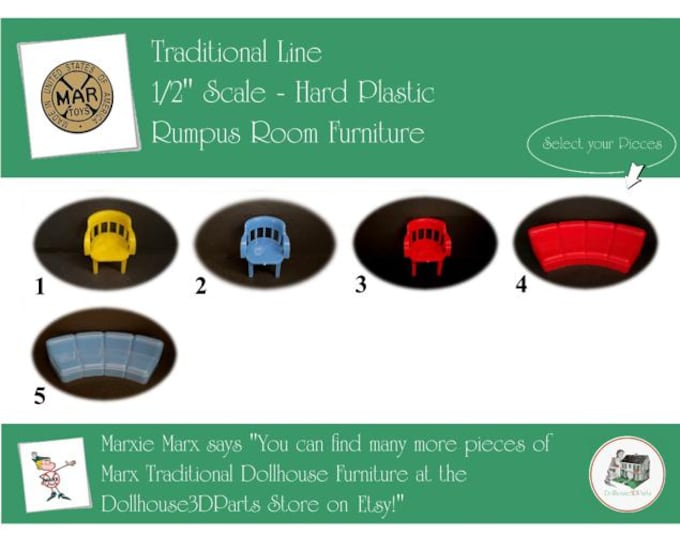 MARX Vintage Dollhouse Rumpus Room Furniture, Traditional Line, 1/2" Scale, Hard Plastic