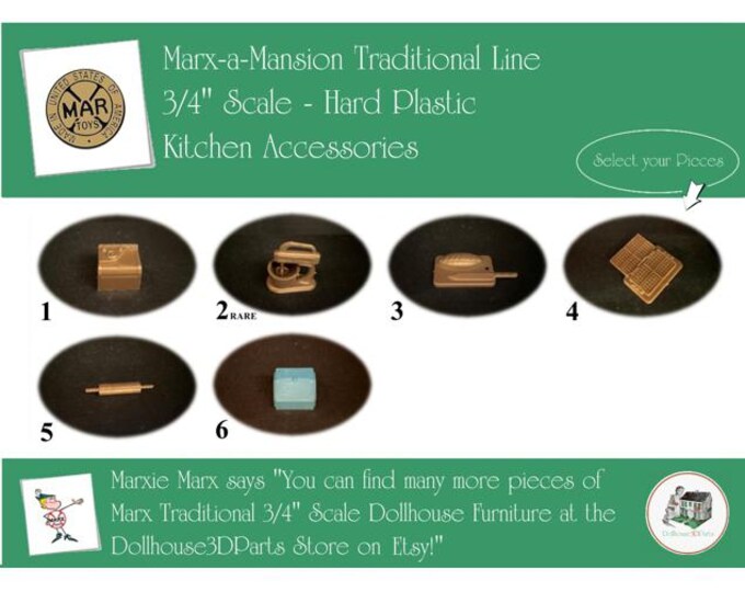 MARX Vintage Dollhouse Kitchen Accessories, Marx-a-Mansion Traditional Line, 3/4" Scale, Hard Plastic