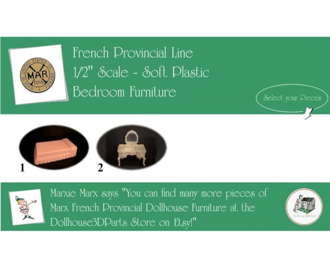 Choice MARX Vintage Dollhouse  Second Bedroom Furniture, French Provincial Line, 1/2"Scale, Soft Plastic