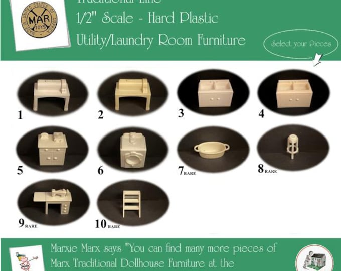 Choice MARX Vintage Dollhouse Utility/Laundry Room Furniture, Traditional Line, 1/2" Scale, Hard Plastic