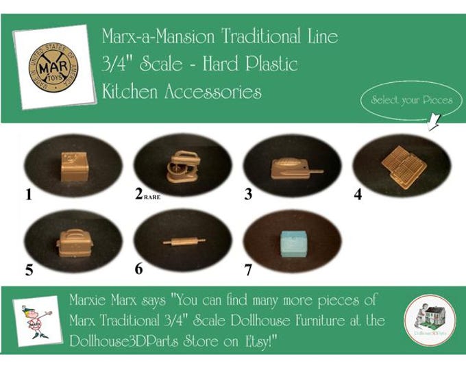 MARX Vintage Dollhouse Kitchen Accessories, Marx-a-Mansion Traditional Line, 3/4" Scale, Hard Plastic