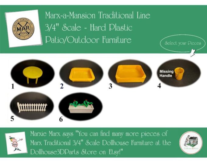 Choice MARX Vintage Dollhouse Patio/Outdoor Furniture, Marx-a-Mansion Traditional Line, 3/4" Scale, Hard Plastic