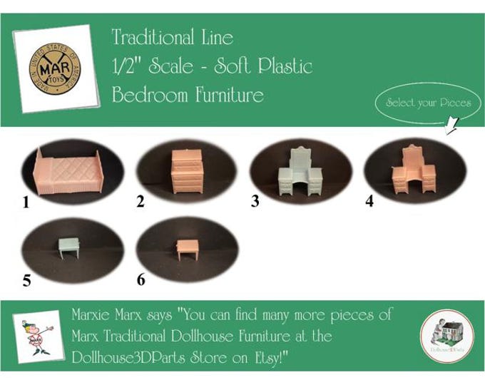 MARX Vintage Dollhouse Bedroom Furniture, Traditional Line, 1/2" Scale, Soft Plastic