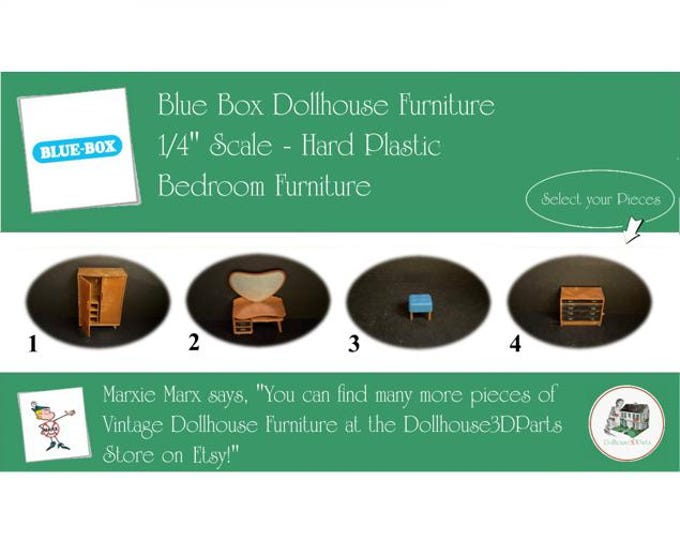 Choice BLUE BOX Vintage Dollhouse Bedroom Furniture, 1960s Style, 1/4" Scale, Soft Plastic