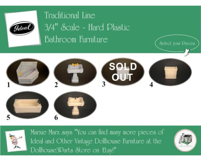 Choice IDEAL Vintage Dollhouse Bathroom Furniture, 1940s-1950s Style, 3/4” Scale, Hard Plastic