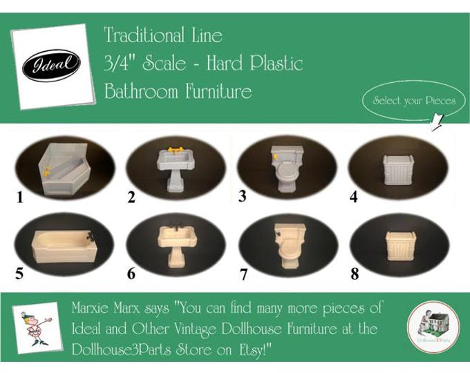 IDEAL Vintage Dollhouse Bathroom Furniture, 1940s-1950s Style, 3/4” Scale, Hard Plastic