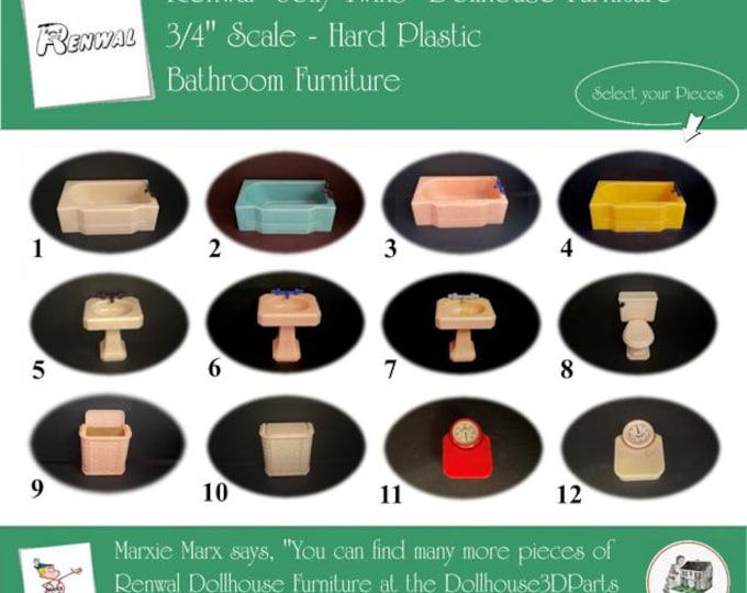 RENWAL Vintage Dollhouse Bathroom Furniture, 1940s-1950s Style, 3/4” Scale, Hard Plastic