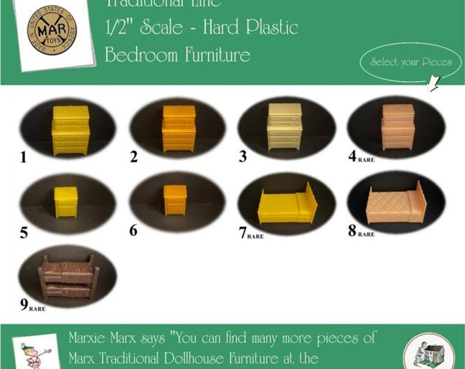 MARX Vintage Dollhouse Bedroom Furniture, Traditional Line, 1/2" Scale, Hard Plastic