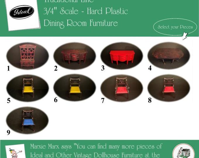 IDEAL Vintage Dollhouse Dining Room Furniture, 1940s-1950s Style, 3/4” Scale, Hard Plastic