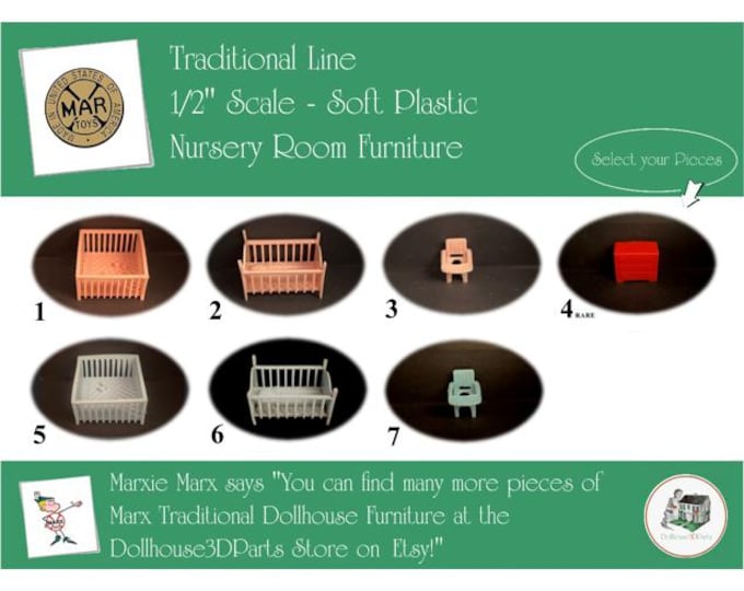 MARX Vintage Dollhouse Nursery Room Furniture, Traditional Line, 1/2" Scale, Soft Plastic