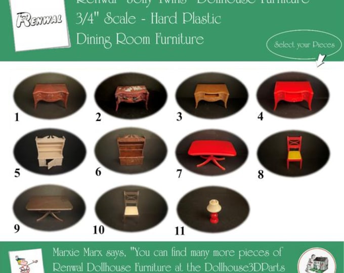 Choice RENWAL Vintage Dollhouse Dining Room Furniture, 1940s-1950s Style, 3/4” Scale, Hard Plastic