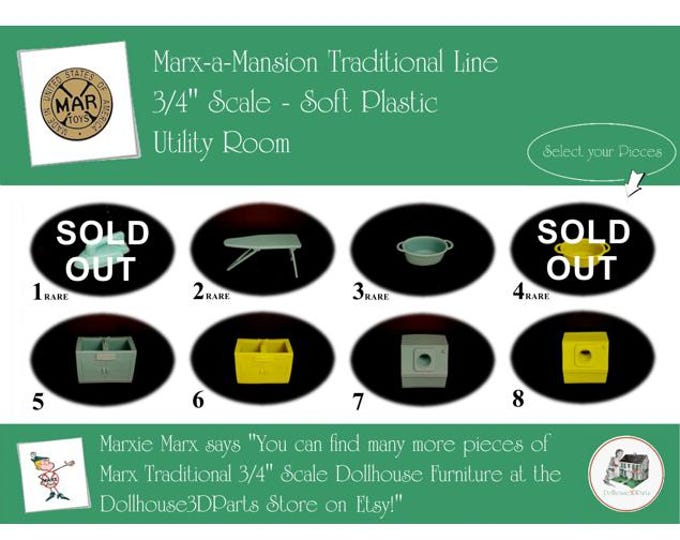 Choice MARX Vintage Dollhouse Utility Room Furniture, Marx-a-Mansion Traditional Line, 3/4" Scale, Soft Plastic