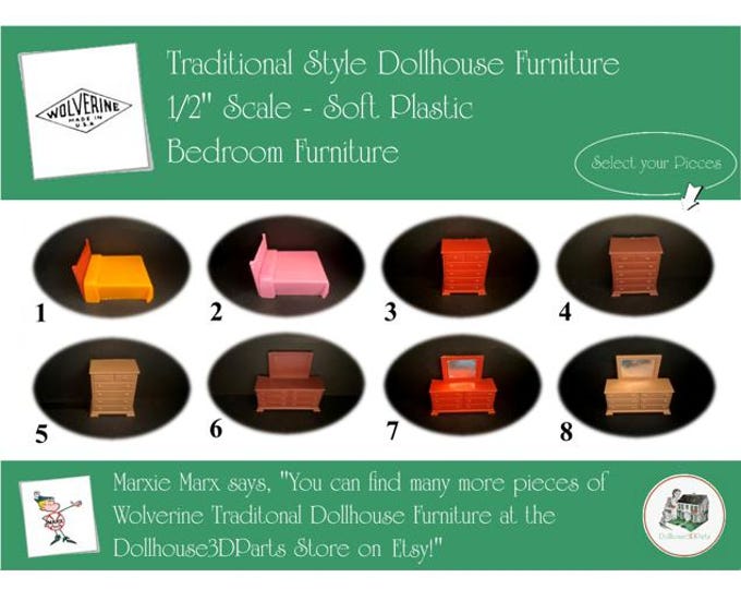 Choice WOLVERINE Vintage Dollhouse Bedroom Furniture, 1960s Style, 1/2" Scale, Soft Plastic