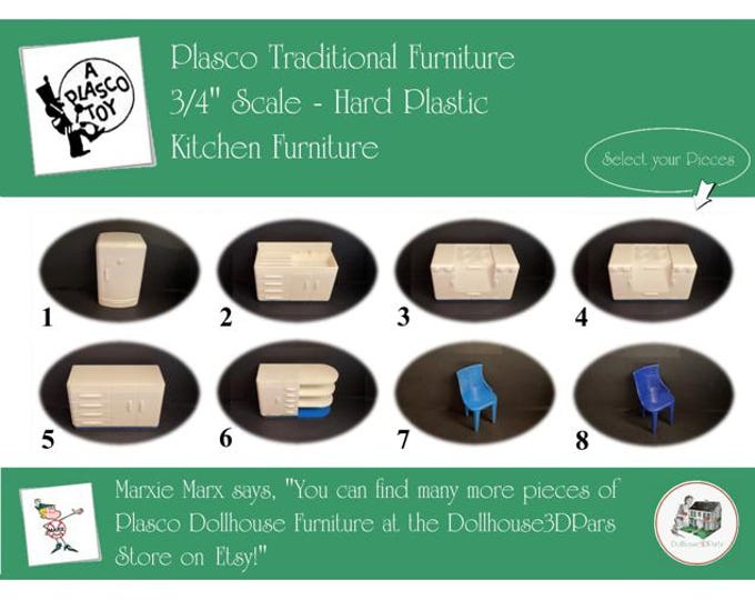 PLASCO Vintage Dollhouse Kitchen Furniture, 1940s-1950s Style, 3/4” Scale, Hard Plastic