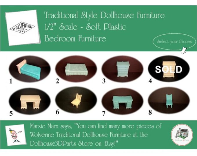 WOLVERINE Vintage Dollhouse Bedroom Furniture, 1960s Style, 1/2" Scale, Soft Plastic