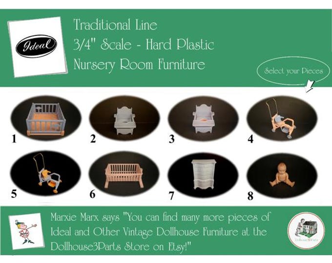 Choice IDEAL Vintage Dollhouse Nursery Room Furniture, 1940s-1950s Style, 3/4” Scale, Hard Plastic