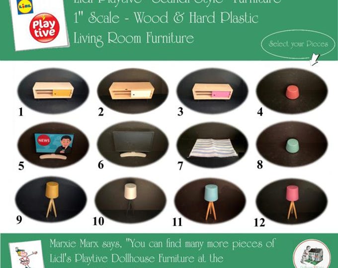 LIDL PLAYTIVE Vintage Dollhouse Living Room Furniture, Scandi-Style, 1" Scale, Wood & Hard Plastic