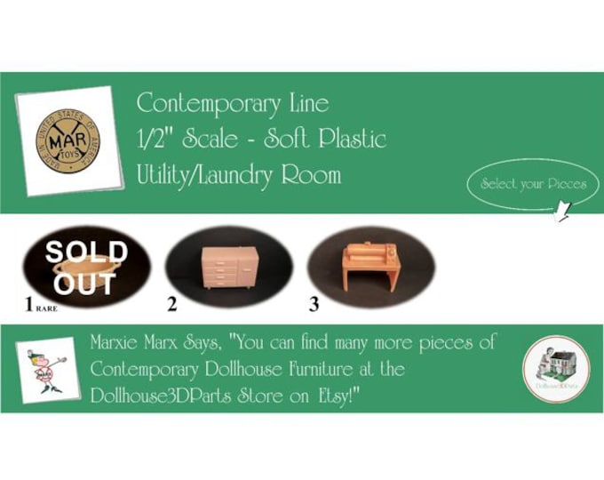 Choice MARX Vintage Dollhouse Utility/Laundry Room Furniture, Contemporary Line, 1/2" Scale, Soft Plastic