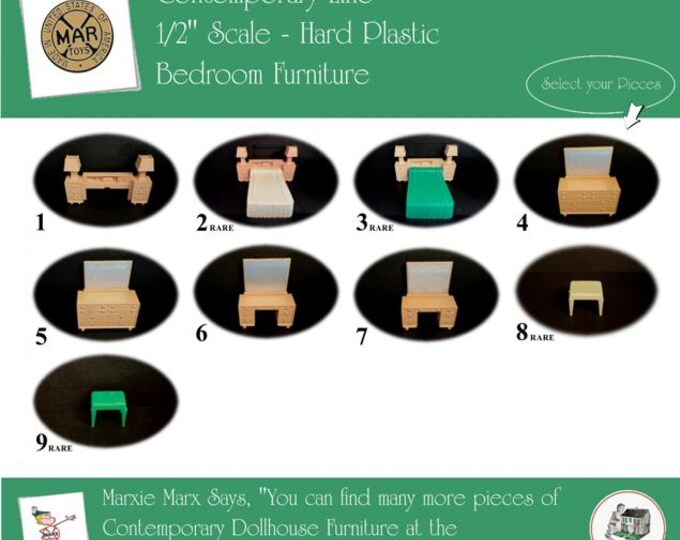 Marx Vintage Dollhouse Furniture, Contemporary Line Bedroom, 1/2" Scale, HARD Plastic