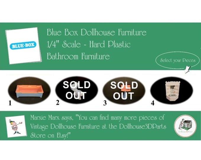Choice BLUE BOX Vintage Dollhouse Bathroom Furniture, 1960s Style, 1/4" Scale, Hard Plastic