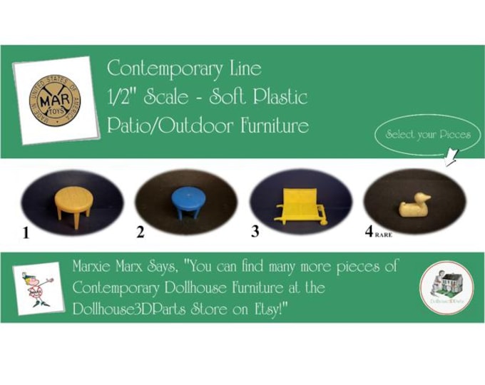 MARX Vintage Dollhouse Patio/Outdoor Furniture, Contemporary Line, 1/2" Scale, Soft Plastic