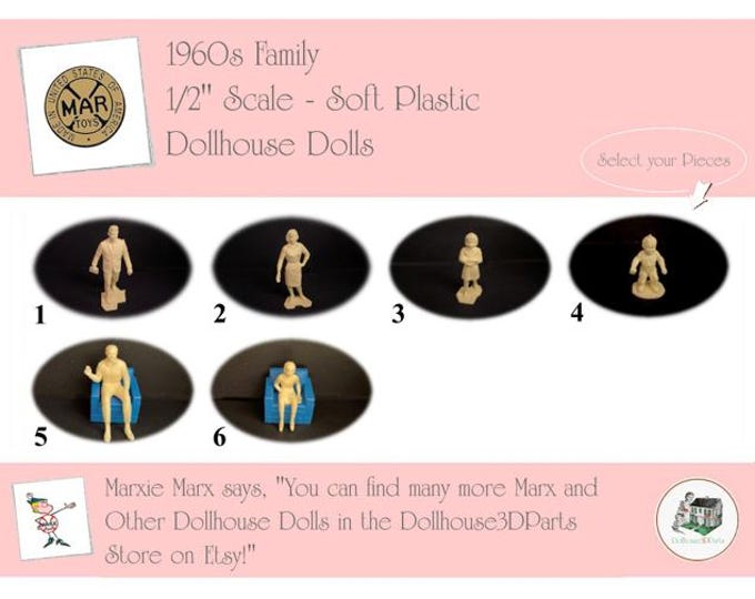 MARX Vintage Dollhouse Dolls, 1960s Dollhouse Family, 1/2” Scale, Soft Plastic