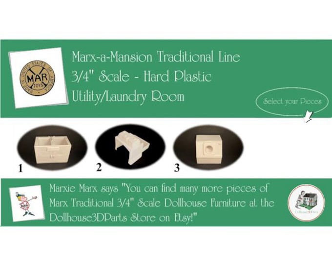 Choice MARX Vintage Dollhouse Utility/Laundry Room Furniture, Marx-a-Mansion Traditional Line, 3/4" Scale, Hard Plastic
