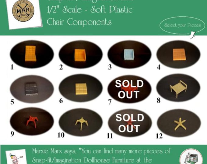 Choice MARX Vintage Dollhouse Furniture Chair Components, Snap-fit/Imagination Line, 1/2" Scale, Soft Plastic