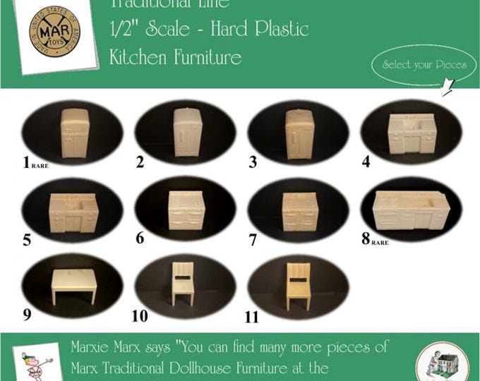 MARX Vintage Dollhouse Kitchen Furniture, Traditional Line, 1/2" Scale, Hard Plastic