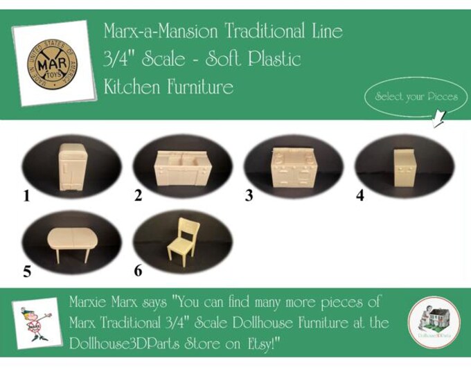 Marx Vintage Dollhouse Furniture, Marx-a-Mansion Traditional Line Kitchen, 3/4" Scale, SOFT Plastic