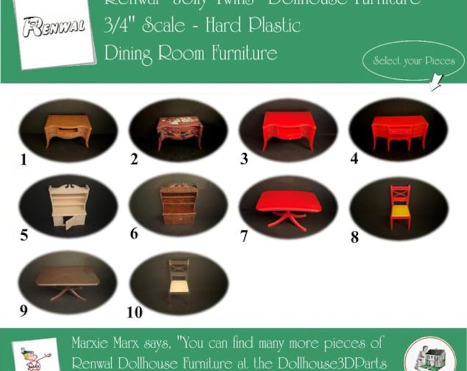 Renwal Vintage Dollhouse Furniture, 1940s-1950s Style Dining Room, 3/4” Scale Hard Plastic
