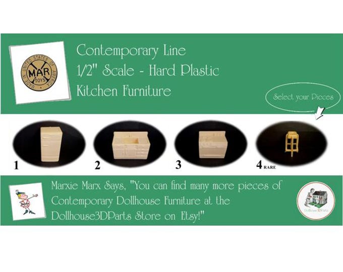 MARX Vintage Dollhouse Kitchen Furniture, Contemporary Line, 1/2" Scale, Hard Plastic