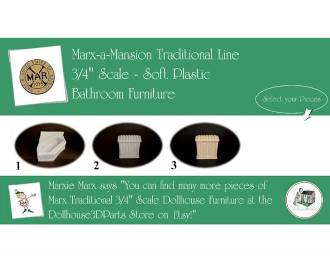 Choice MARX Vintage Dollhouse Bathroom Furniture, Marx-a-Mansion Traditional Line, 3/4" Scale, Soft Plastic