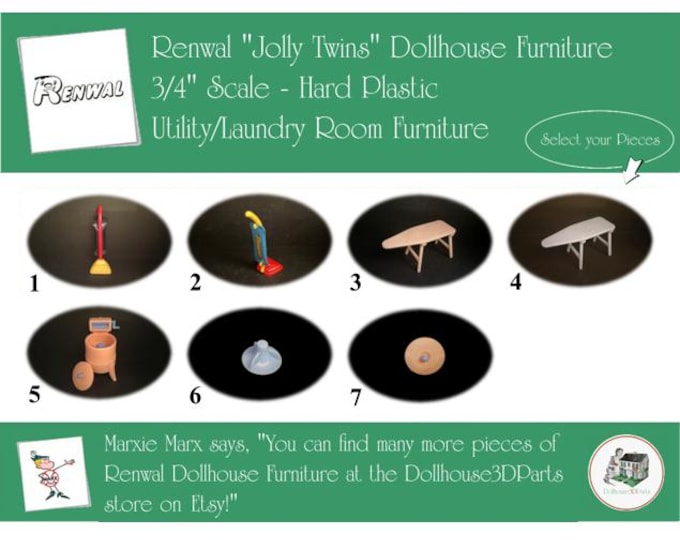 Renwal Vintage Dollhouse Furniture, 1940s-1950s Style Utility/Laundry Room, 3/4” Scale Hard Plastic