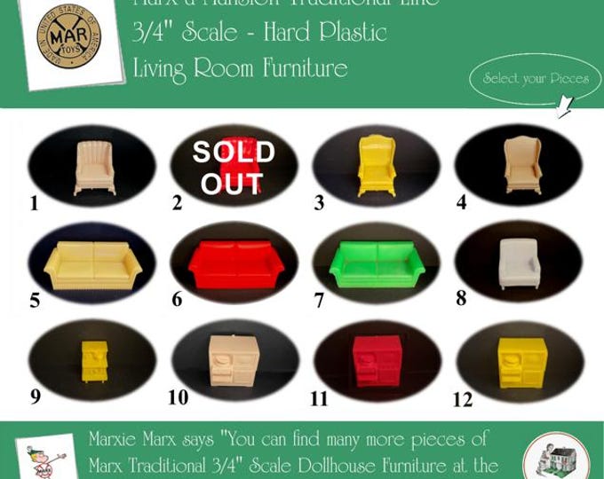 Choice MARX Vintage Dollhouse Living Room Furniture, Marx-a-Mansion Traditional Line, 3/4" Scale, Soft Plastic