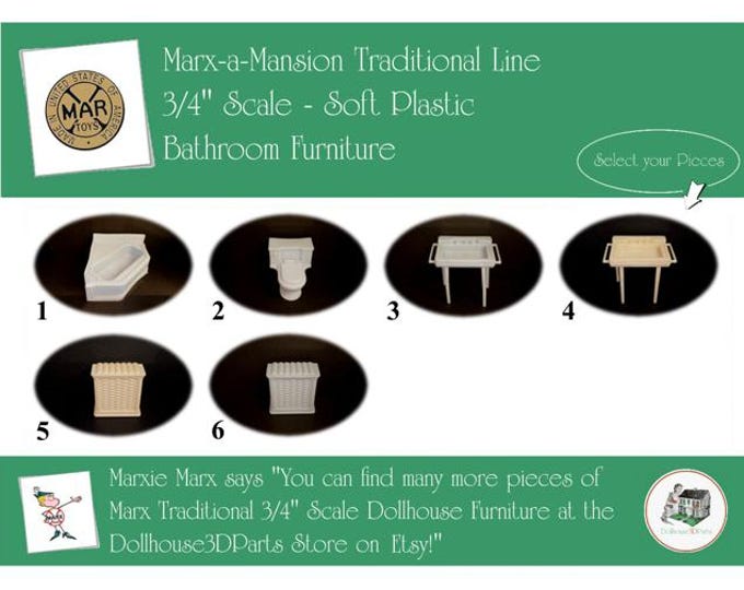 Choice MARX Vintage Dollhouse Bathroom Furniture, Marx-a-Mansion Traditional Line, 3/4" Scale, Soft Plastic